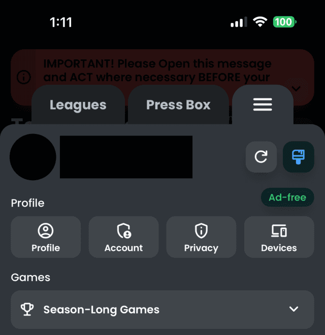 Fantrax menu open, showing the Profile button